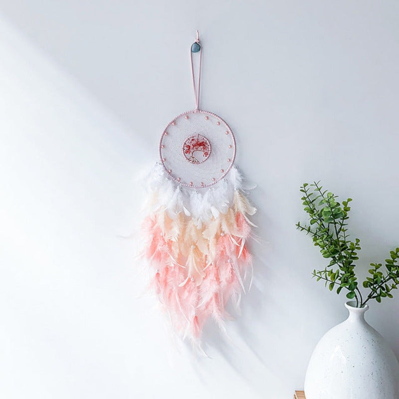 Attrape-rêves Bleu Aqua Avec Arbre De Vie Et Cristal - Décoration Murale Bohème Faite Main, 80 Cm, Plumes Naturelles