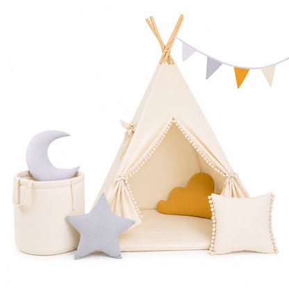 Tipi-Enfant-Pompons-beige-set-complet