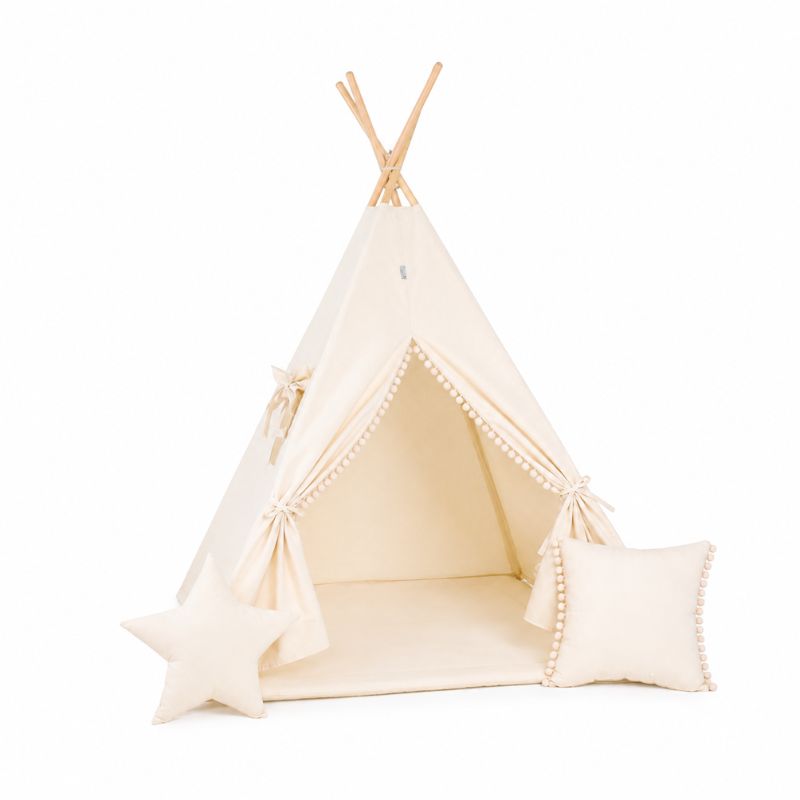 Tipi-Enfant-Pompons-beige-tapis-et-coussins