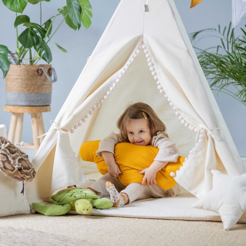 Tipi-Enfant-Pompons-beige-tissu-bois