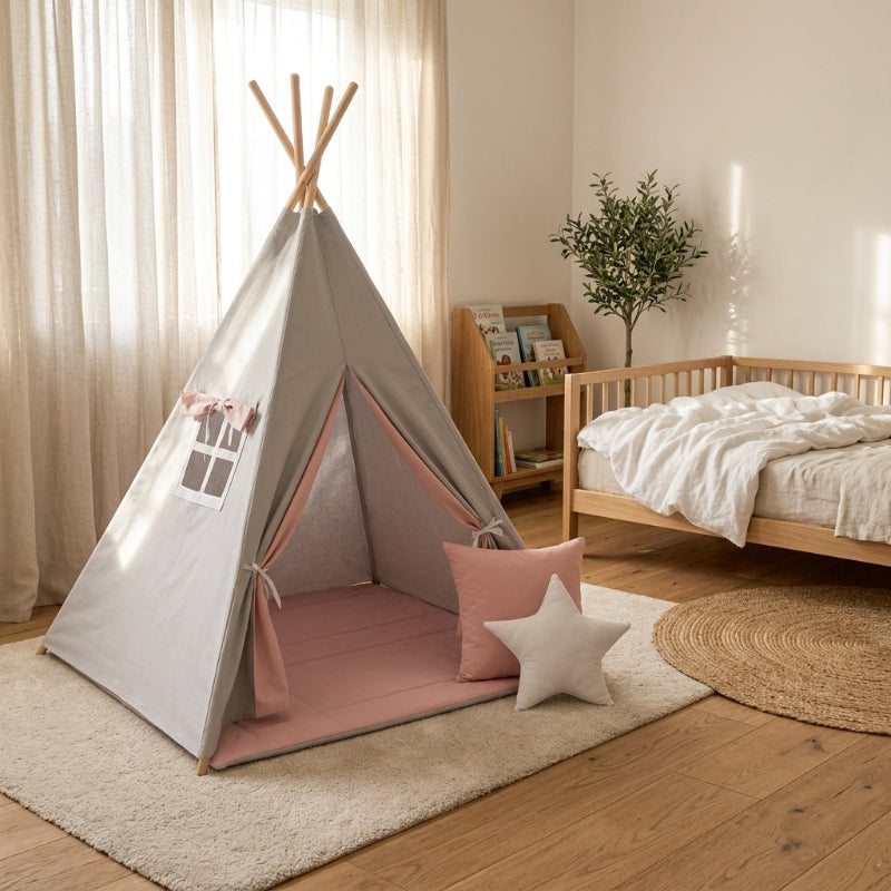 Tipi-chambre-Fille-avec-Tapis-gris-rose