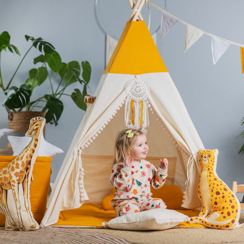 Tipi-lit-enfant-jaune-blanc-bois-tissu