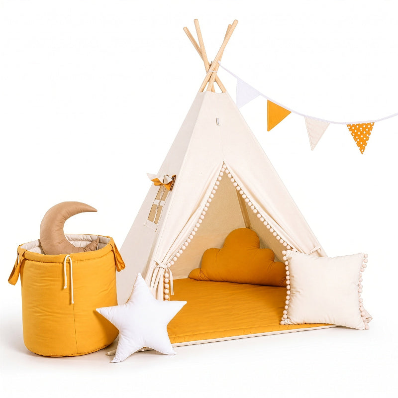 tipi-enfant-beige-orange-avec-accessoires