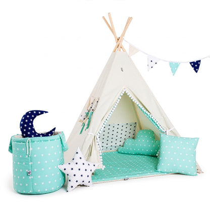 tipi-enfant-blanc-vert-menthe-avec-accessoires