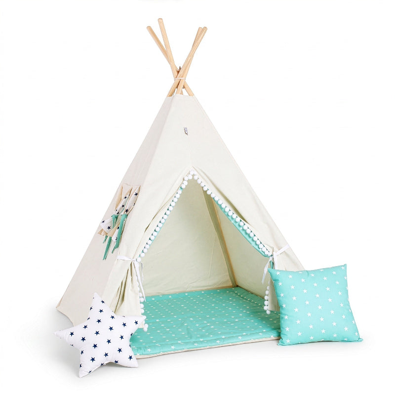 tipi-enfant-blanc-vert-menthe-coussin-tapis