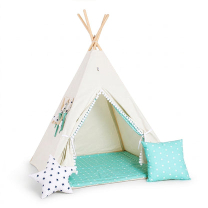 tipi-enfant-blanc-vert-menthe-coussin-tapis
