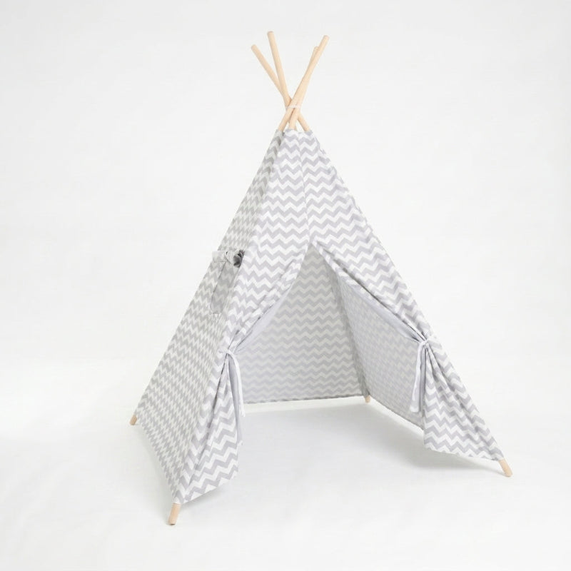 tipi-enfant-rayures-tissu-gris-blanc-support-bois