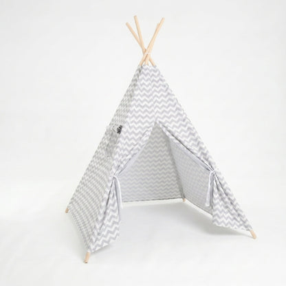 tipi-enfant-rayures-tissu-gris-blanc-support-bois