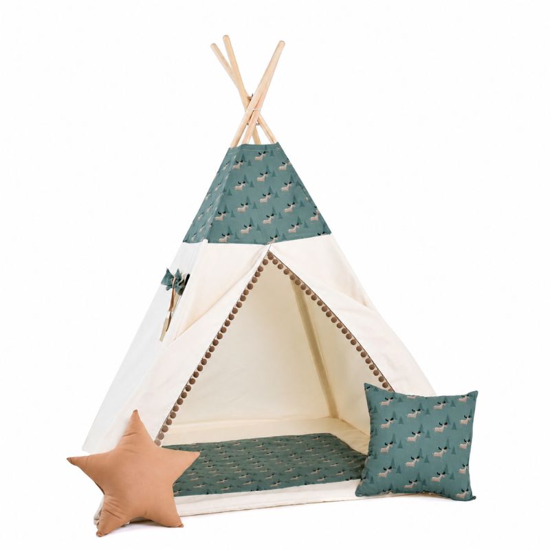 tipi-enfant-vert-et-blanc-avec-motifs-cerfs