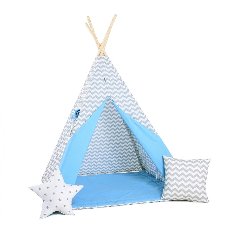 tipi-garcon-rayures-grises-bleu-avec-tapis-coussins