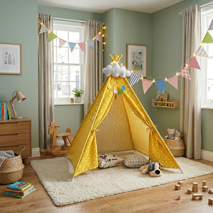 tipi-jaune-et-blanc-tissu-bois-chambre-enfant
